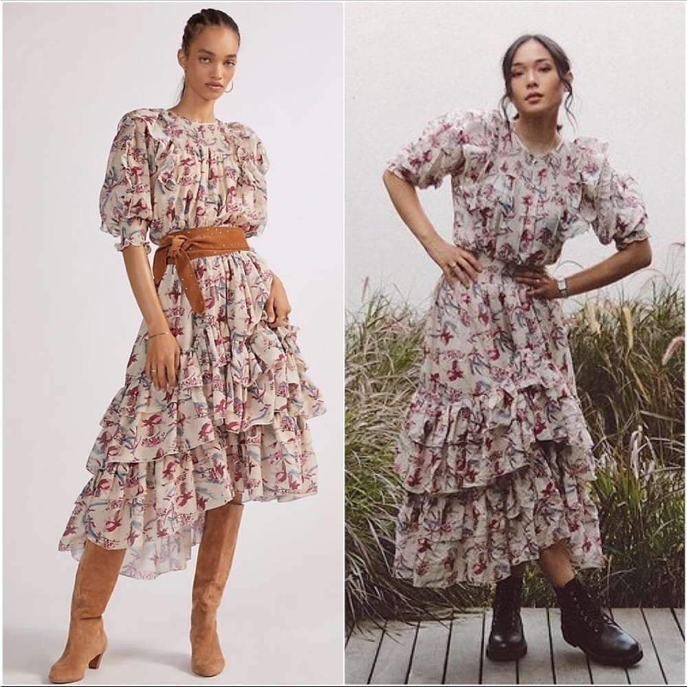Anthropologie Magali Pascal Floral Puff Sleeve Midi Dress sz S